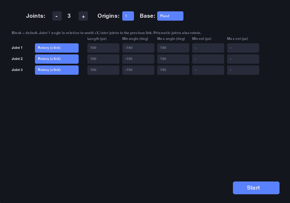 Inverse kinematics solver setup screen
